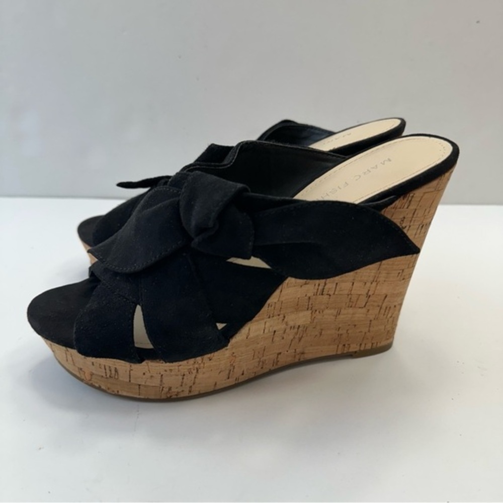 Marc Fisher Women's Hobby Sandal Sz 9 Cork Wedge Platform Suede Black Slide Knot